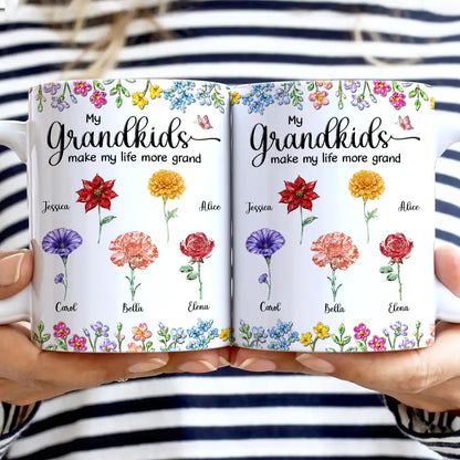 Crystal Effect Birth Flower Grandkids Make Life More Grand - Personalized White Edge-to-Edge Mug