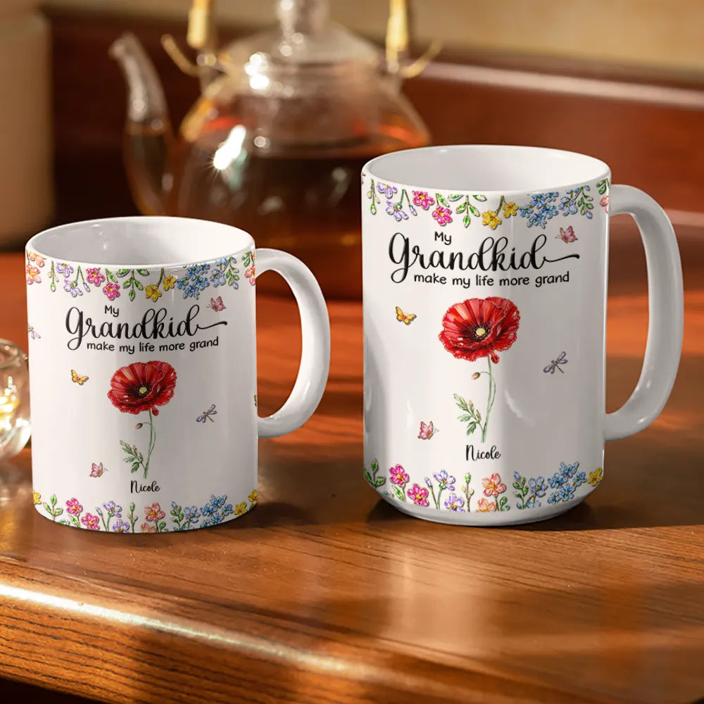 Crystal Effect Birth Flower Grandkids Make Life More Grand - Personalized White Edge-to-Edge Mug