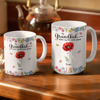 Crystal Effect Birth Flower Grandkids Make Life More Grand - Personalized White Edge-to-Edge Mug