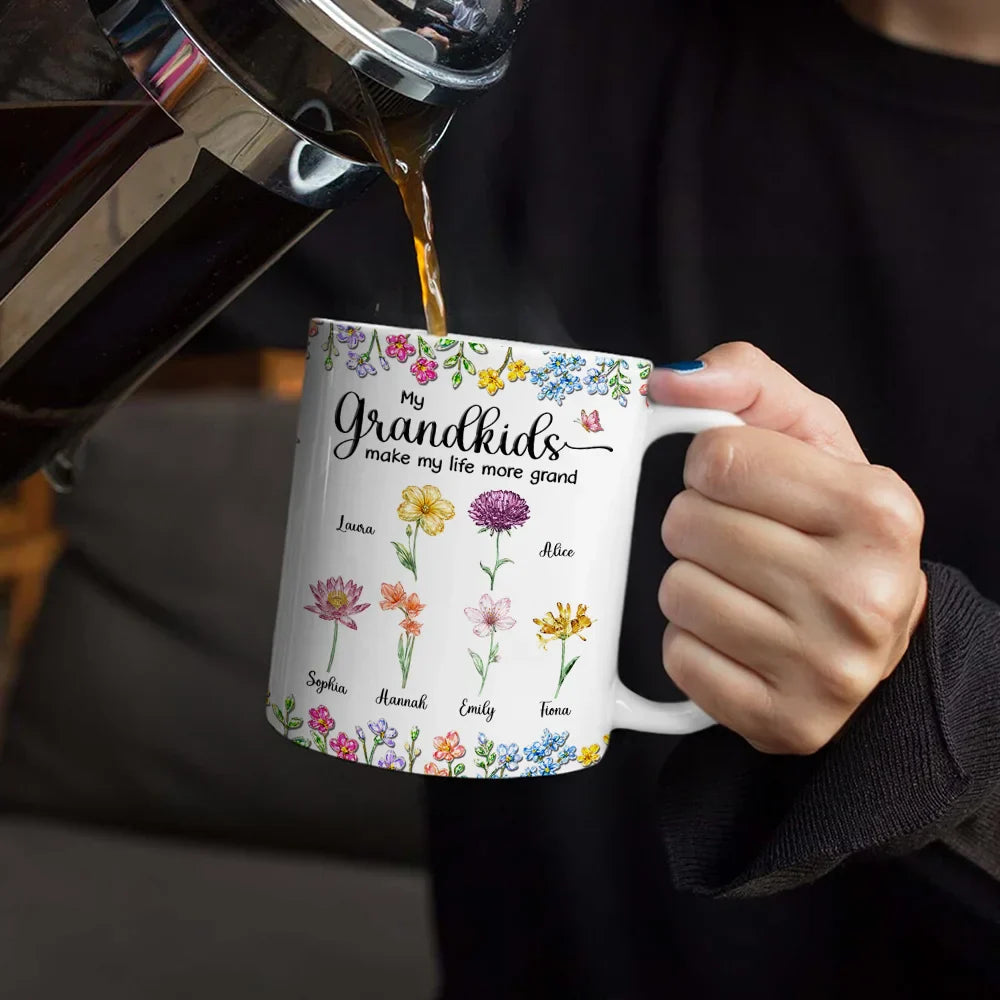 Crystal Effect Birth Flower Grandkids Make Life More Grand - Personalized White Edge-to-Edge Mug