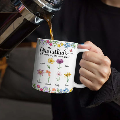 Crystal Effect Birth Flower Grandkids Make Life More Grand - Personalized White Edge-to-Edge Mug