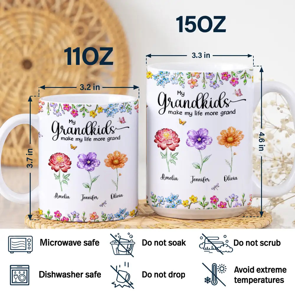 Crystal Effect Birth Flower Grandkids Make Life More Grand - Personalized White Edge-to-Edge Mug
