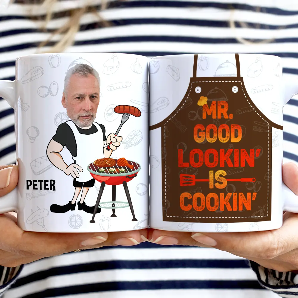 Custom Photo Mr. Good Looking Is Cooking Grilling Apron - Personalized White Edge-to-Edge Mug