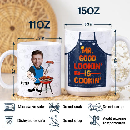 Custom Photo Mr. Good Looking Is Cooking Grilling Apron - Personalized White Edge-to-Edge Mug