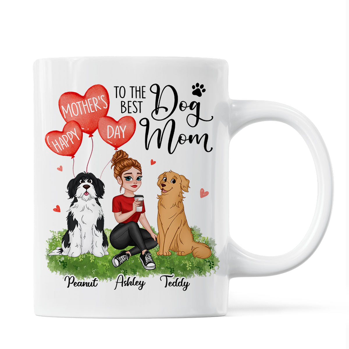 Happy Mother's Day Dog Mom Pretty Cartoon Woman Sitting Dogs Hearts Personalized Mug