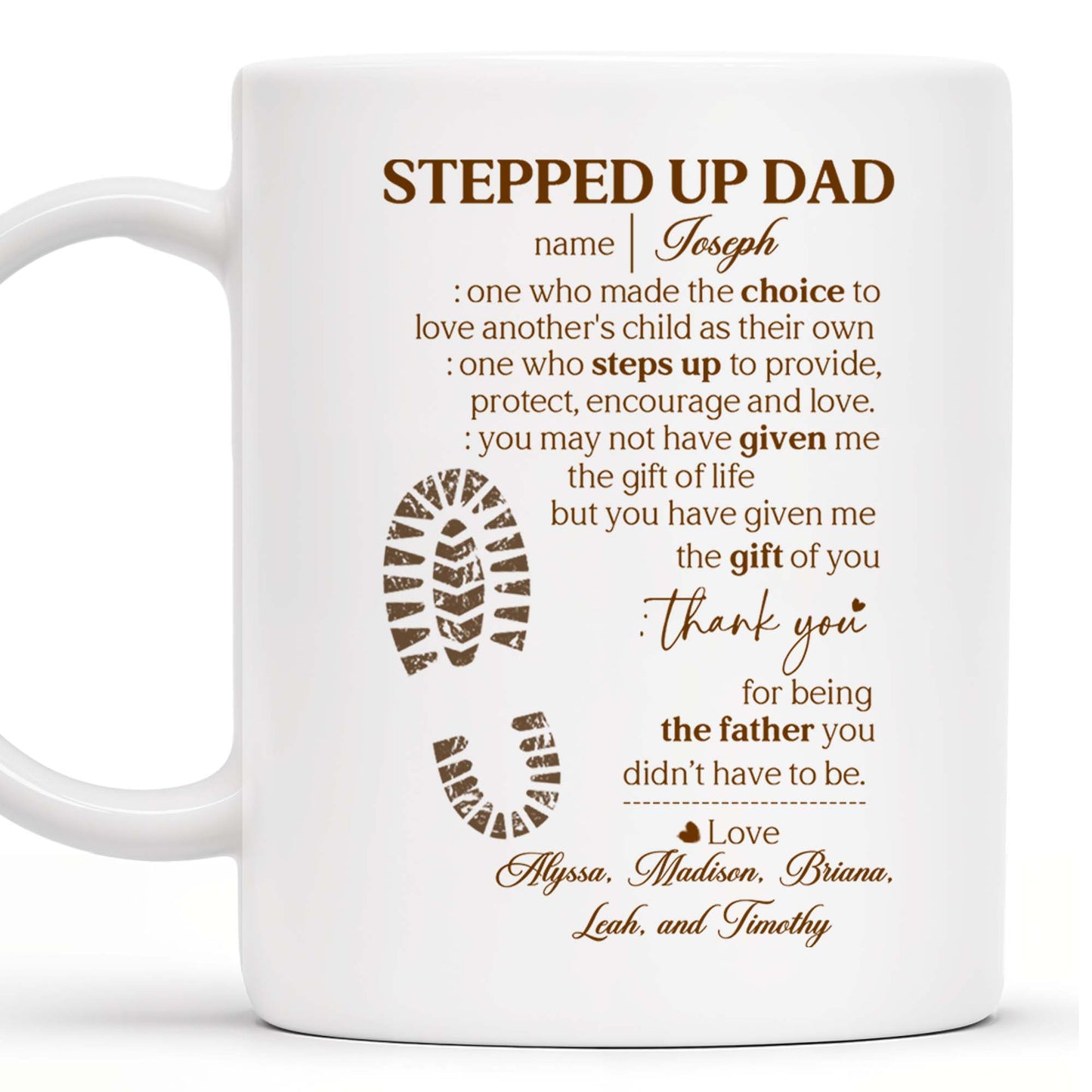 Stepped Up Dad Love and Encouragement Footprints Mug - Personalized Custom Coffee Mug - DAD026_MG