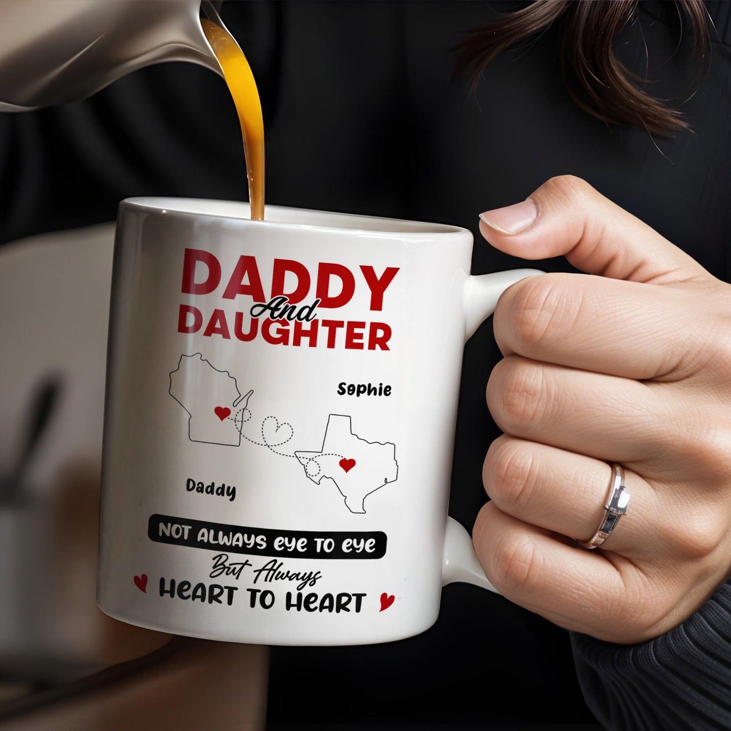 Daddy And Daughter Not Always Eye To Eye But Always Heart To Heart, Map and Heart - Personalized Custom Coffee Mug - DAD035_MG
