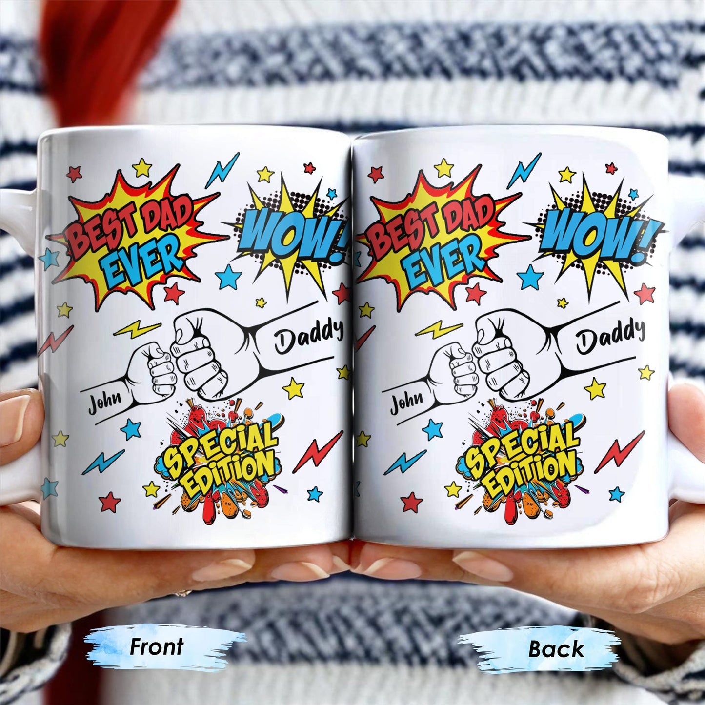 Best Dad Ever, Wow, Fist and Stars - Personalized Custom Coffee Mug - DAD039_MG
