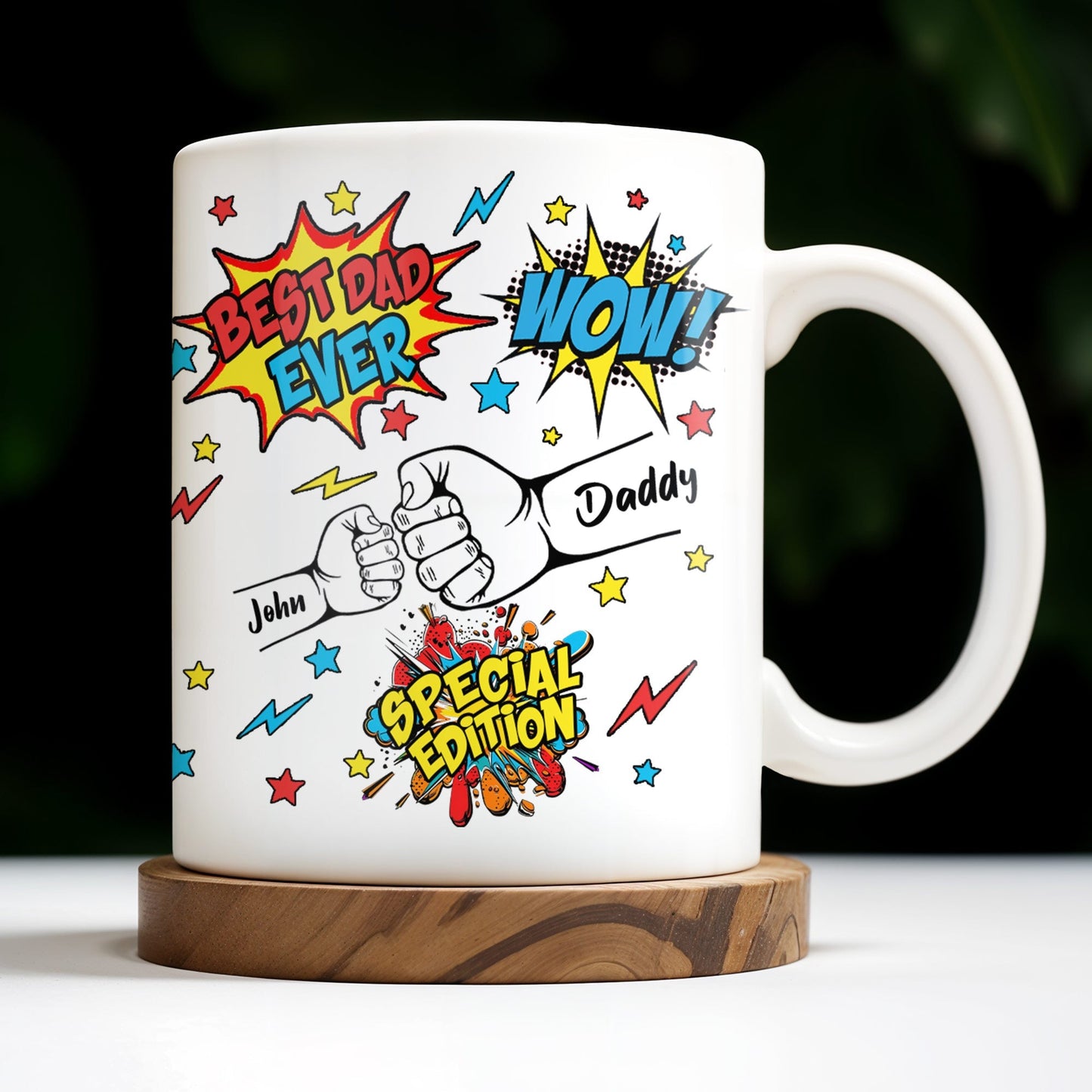 Best Dad Ever, Wow, Fist and Stars - Personalized Custom Coffee Mug - DAD039_MG