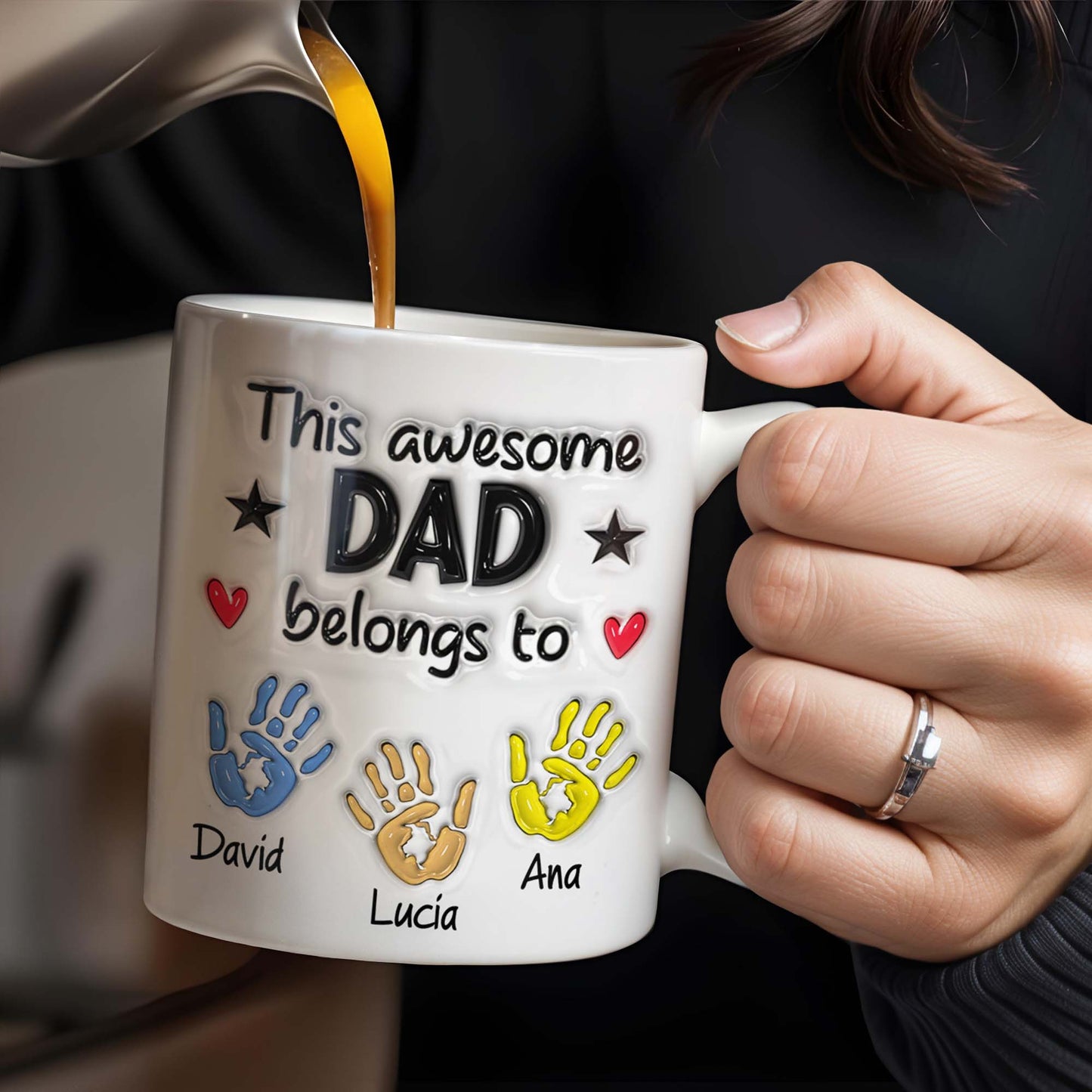 This Awesome Dad Belongs To, Hands, Heart and Star - Personalized Custom Coffee Mug - DAD047_MG