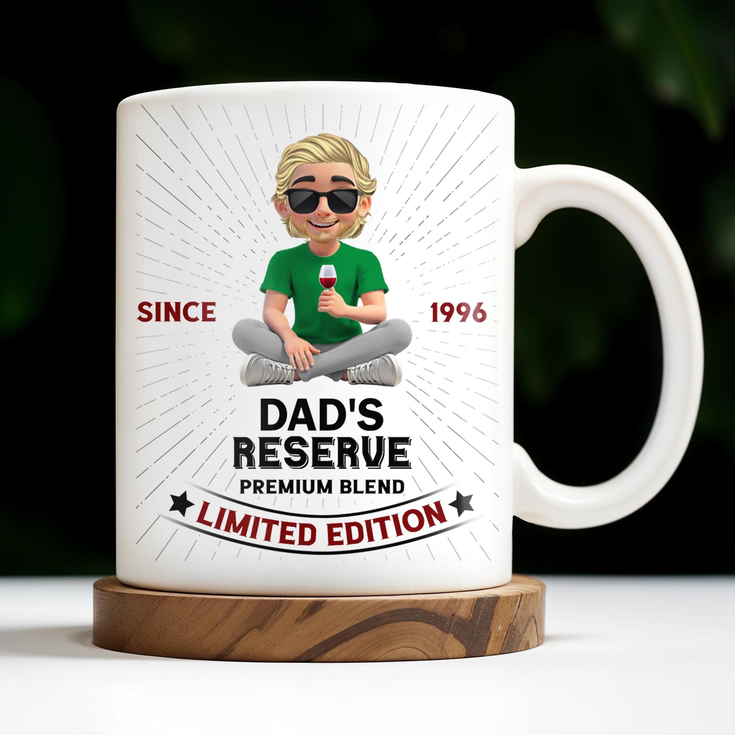 Dad's Reserve Premium Blend Limited Edition, Cartoon of Dad and Wine Glass - Personalized Custom Coffee Mug - DAD071_MG