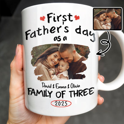 First Father's Day As A Family Of Three, Heart and Family Photo - Personalized Custom Coffee Mug - DAD103_MG