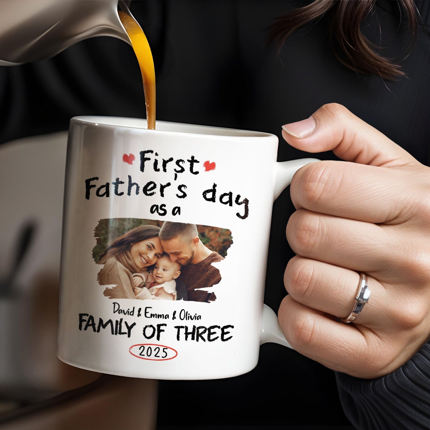 First Father's Day As A Family Of Three, Heart and Family Photo - Personalized Custom Coffee Mug - DAD103_MG