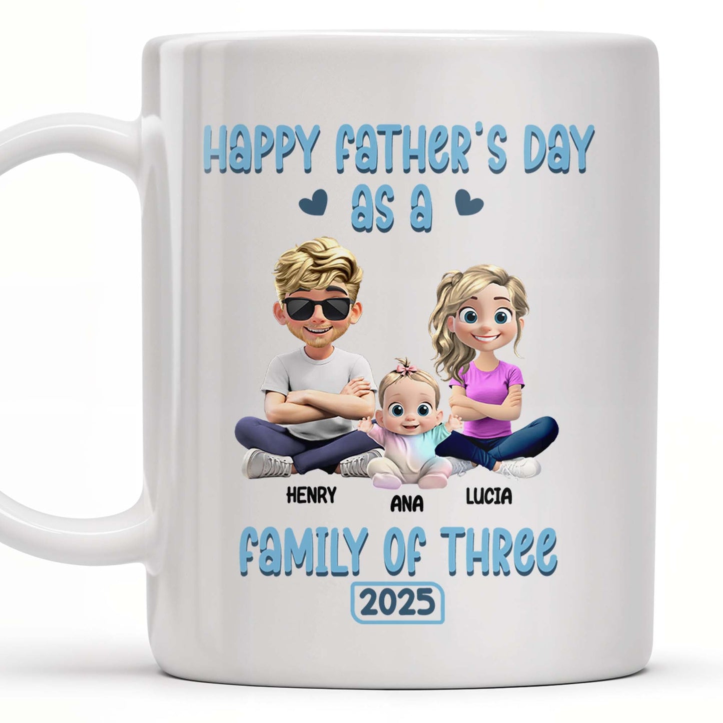 Happy Father's Day As A Family Of Three, Hearts And Family Design - Personalized Custom Coffee Mug - DAD107_MG