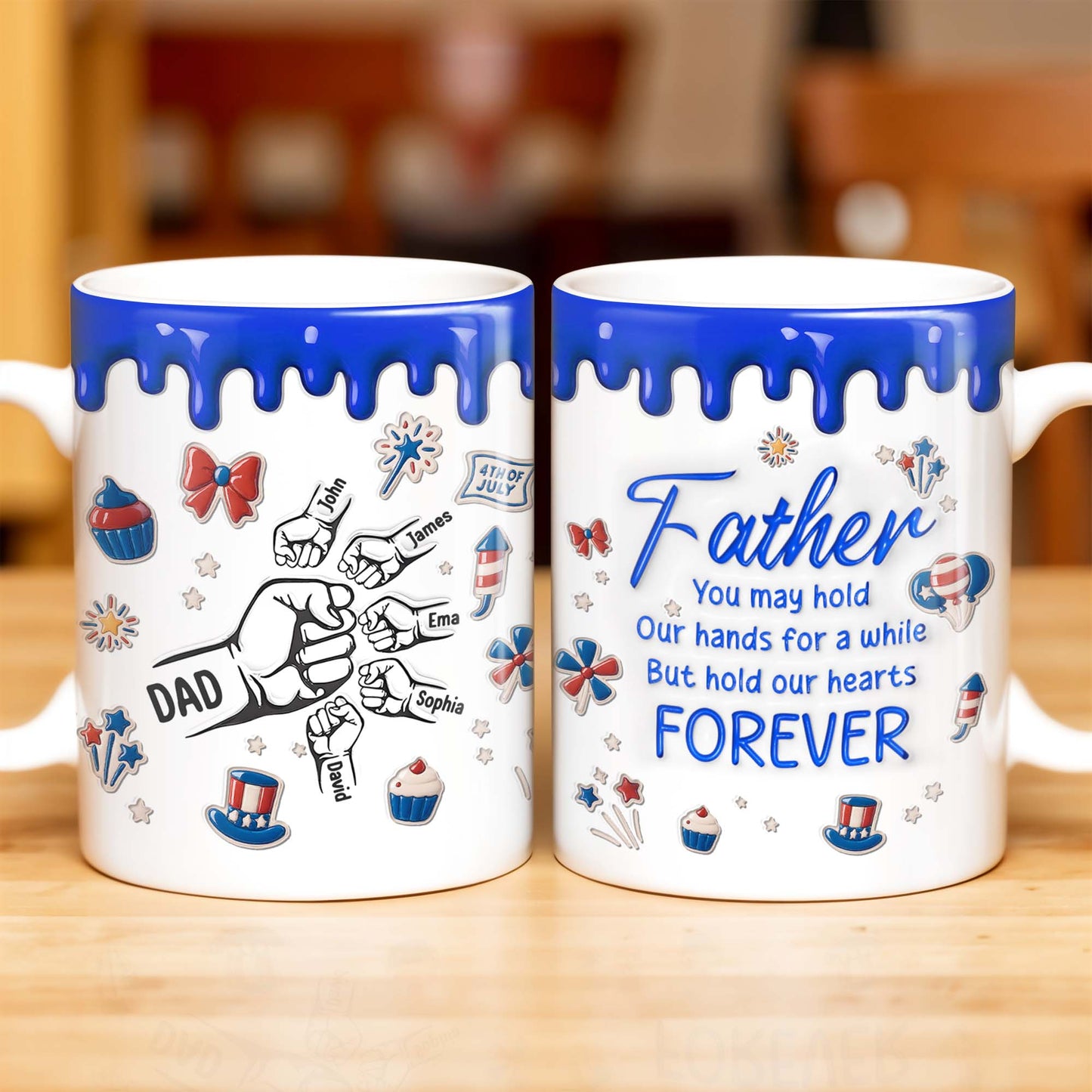 Father, You May Hold Our Hands For A While But Hold Our Hearts Forever, American Flag Balloon, Top Hat - Personalized Custom Coffee Mug - DAD111_MG