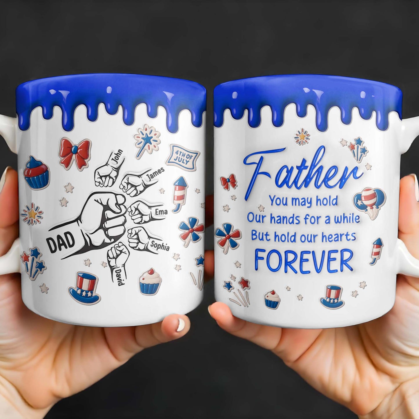 Father, You May Hold Our Hands For A While But Hold Our Hearts Forever, American Flag Balloon, Top Hat - Personalized Custom Coffee Mug - DAD111_MG