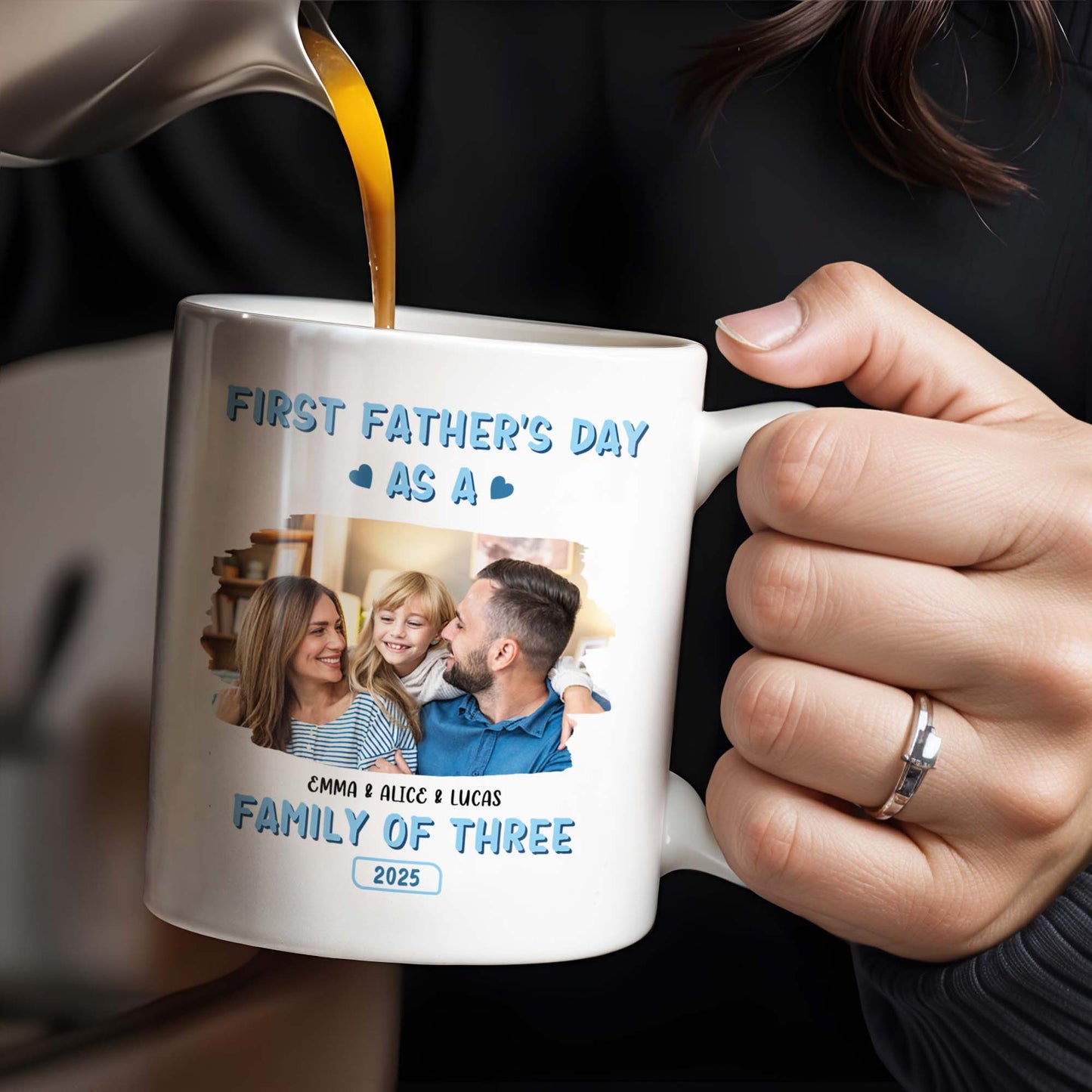 First Father's Day As A Family Of Three, Family Photo And Heart Icons - Personalized Custom Coffee Mug - DAD117_MG