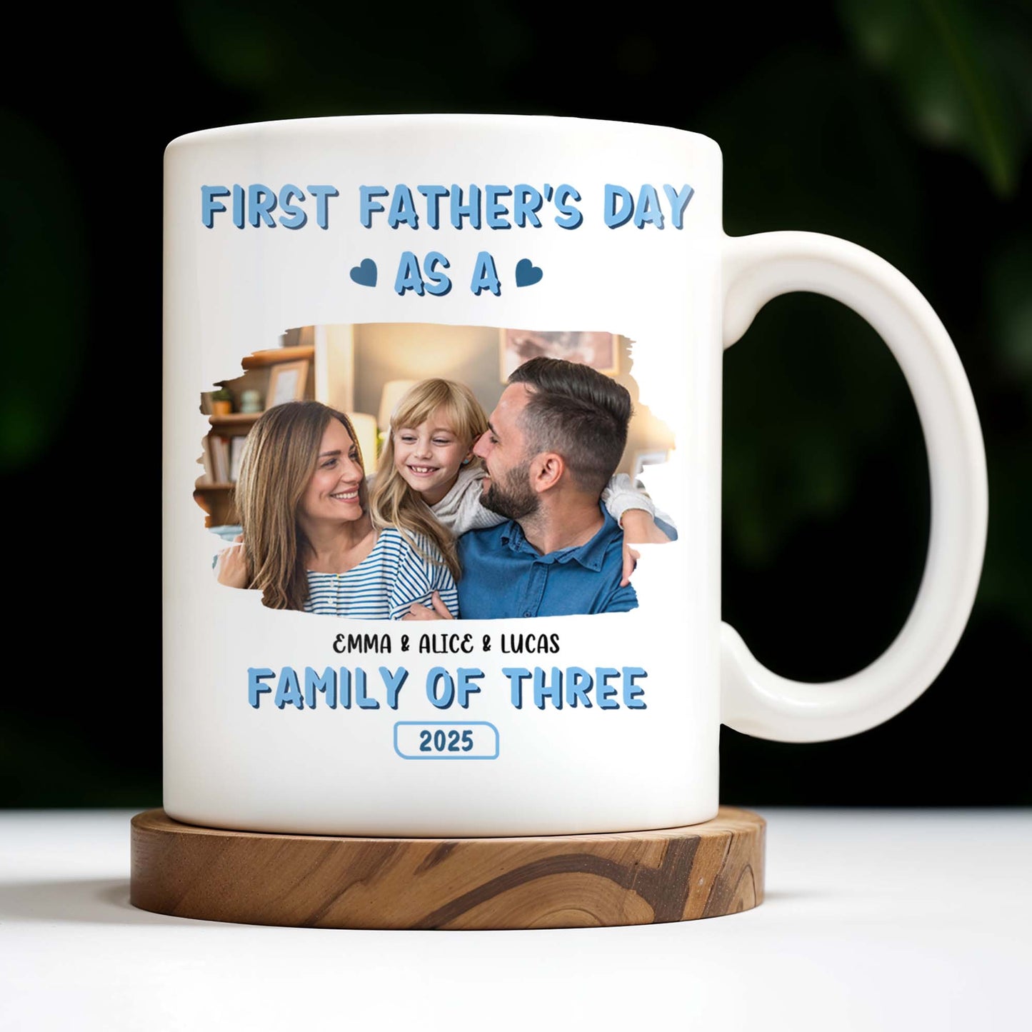 First Father's Day As A Family Of Three, Family Photo And Heart Icons - Personalized Custom Coffee Mug - DAD117_MG