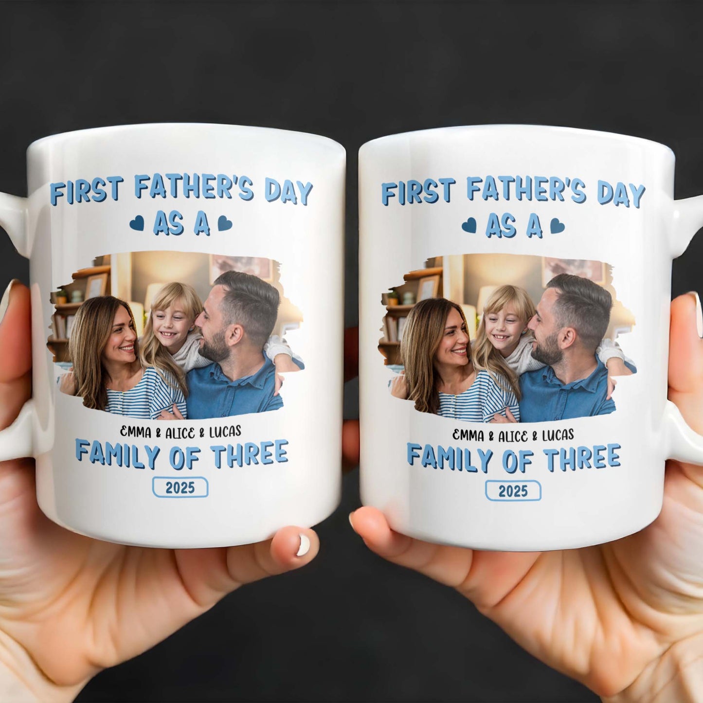 First Father's Day As A Family Of Three, Family Photo And Heart Icons - Personalized Custom Coffee Mug - DAD117_MG