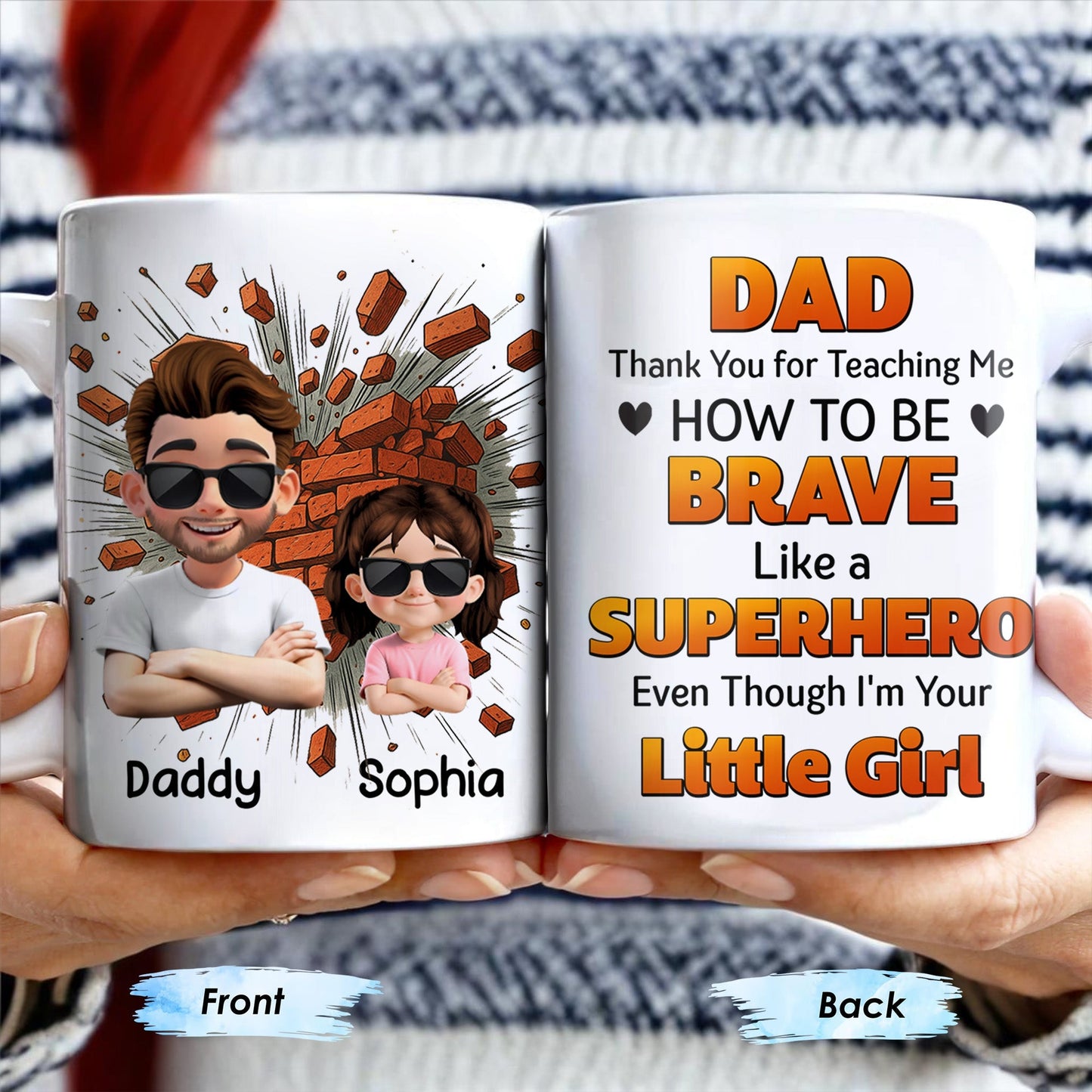 Dad Thank You for Teaching Me How to Be Brave, Cartoon Figures of Father and Daughter - Personalized Custom Coffee Mug - DAD134_MG