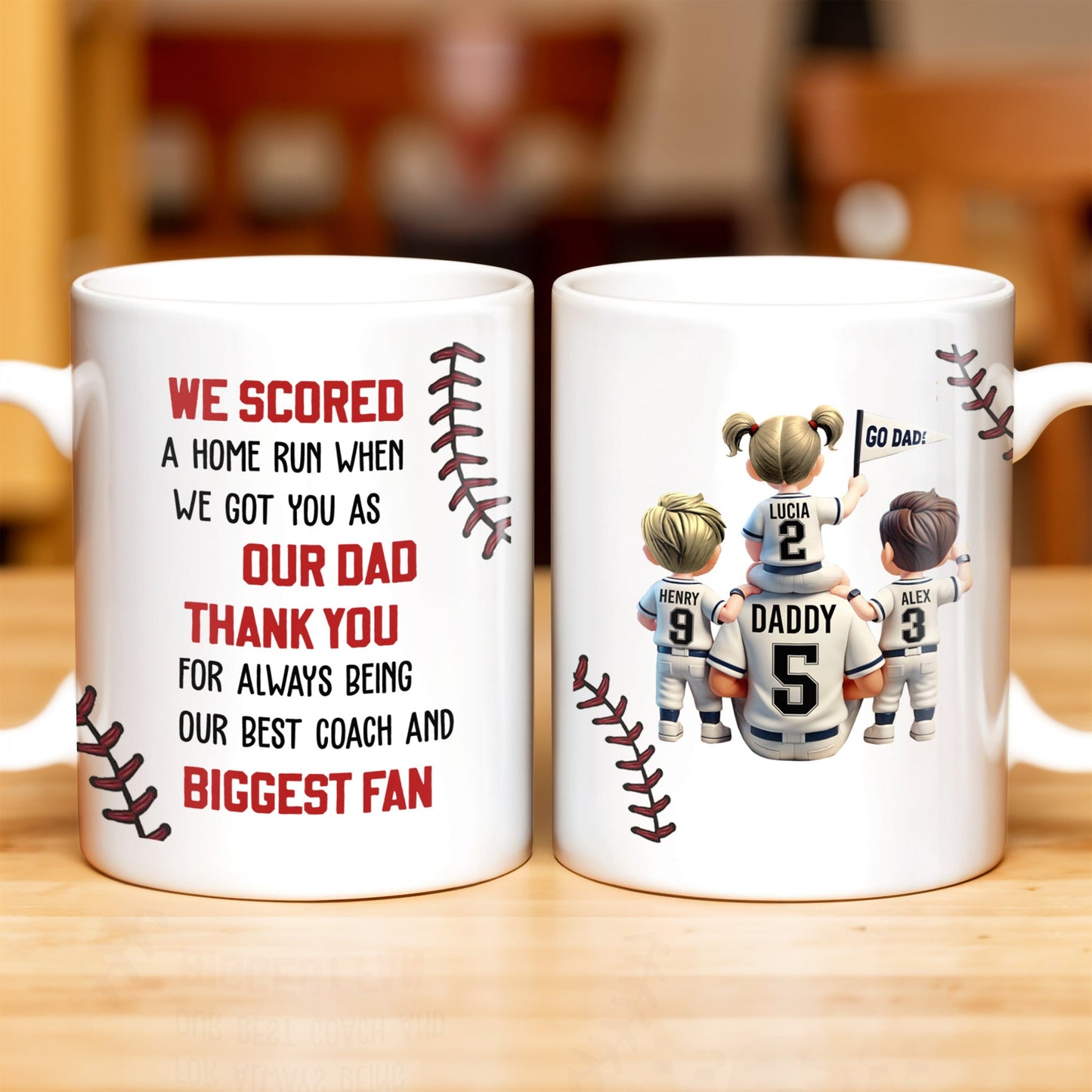 We Scored A Home Run When We Got You As Our Dad, Baseball Stitches And Uniforms - Personalized Custom Coffee Mug - DAD140_MG