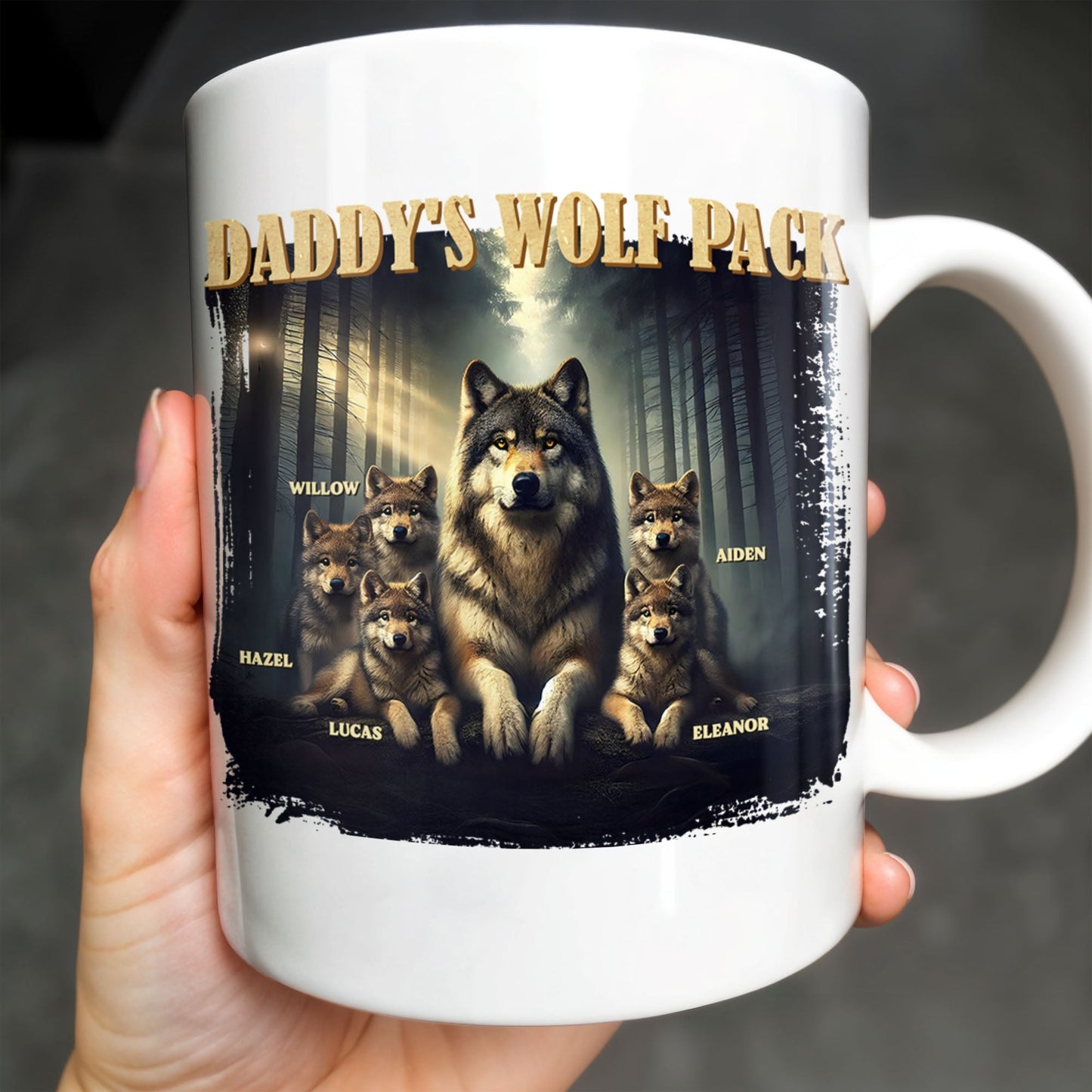 Daddy's Wolf Pack Featuring Wolves In Forest - Personalized Custom Coffee Mug - DAD208_MG
