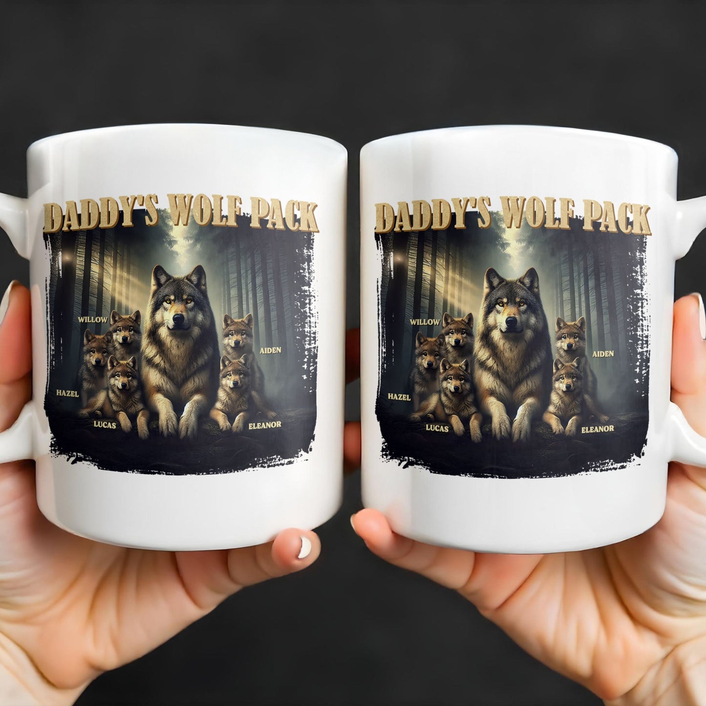 Daddy's Wolf Pack Featuring Wolves In Forest - Personalized Custom Coffee Mug - DAD208_MG