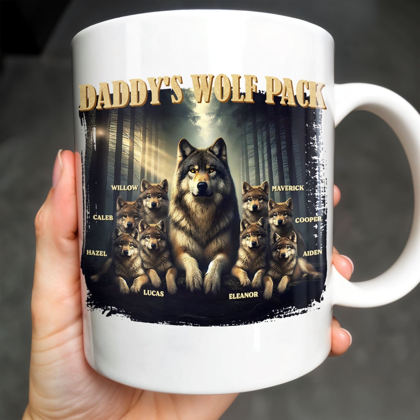 Daddy's Wolf Pack Featuring Wolves In Forest - Personalized Custom Coffee Mug - DAD208_MG