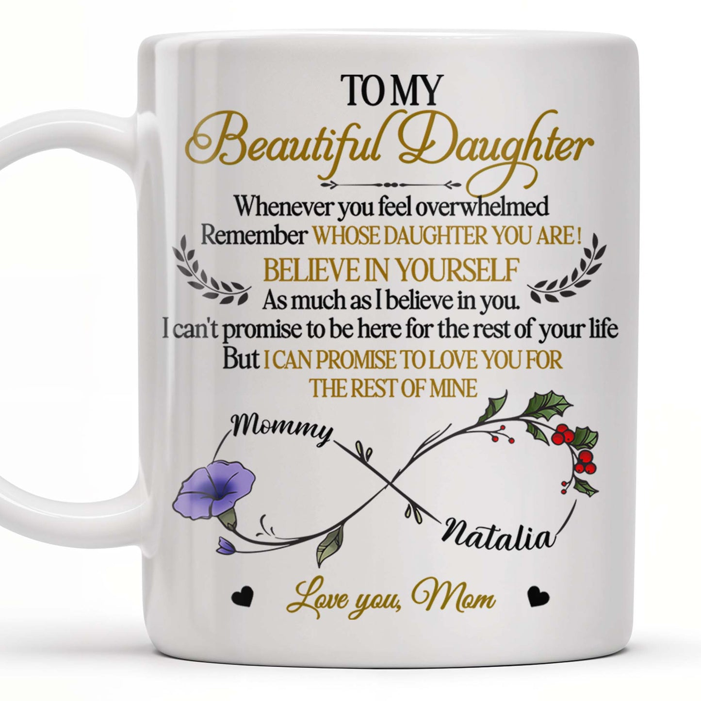 To My Beautiful Daughter, Whenever You Feel Overwhelmed, Remember Whose Daughter You Are, Flowers and Heart - Personalized Custom Coffee Mug - DAU149_MG