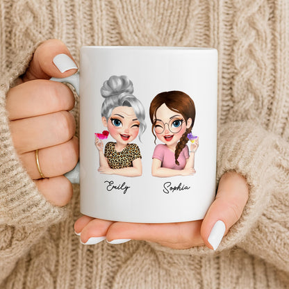 Custom Best Friends Caricature Coffee Mug With Flowers - Personalized Custom Coffee Mug - DAU248_MG