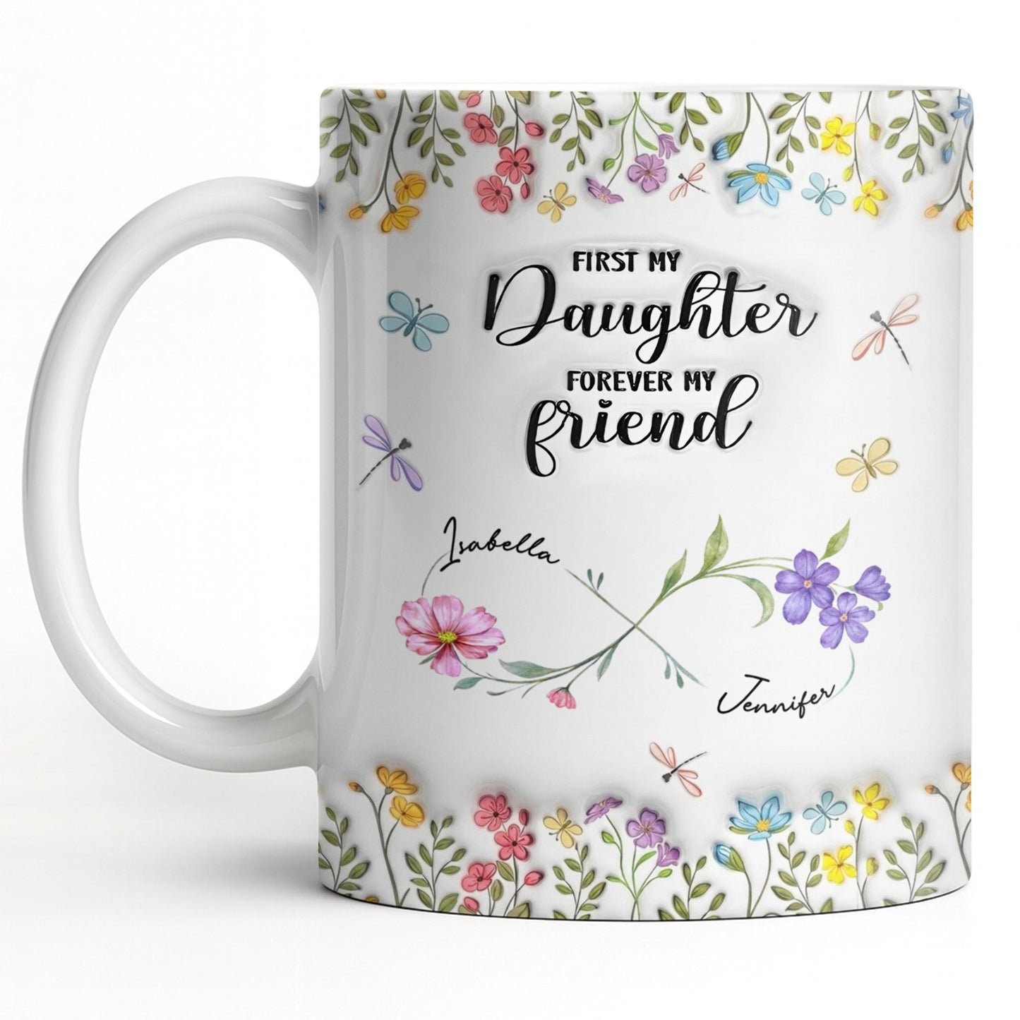First My Daughter Forever My Friend With Flowers And Butterflies - Personalized Custom Coffee Mug - DAU280_MG