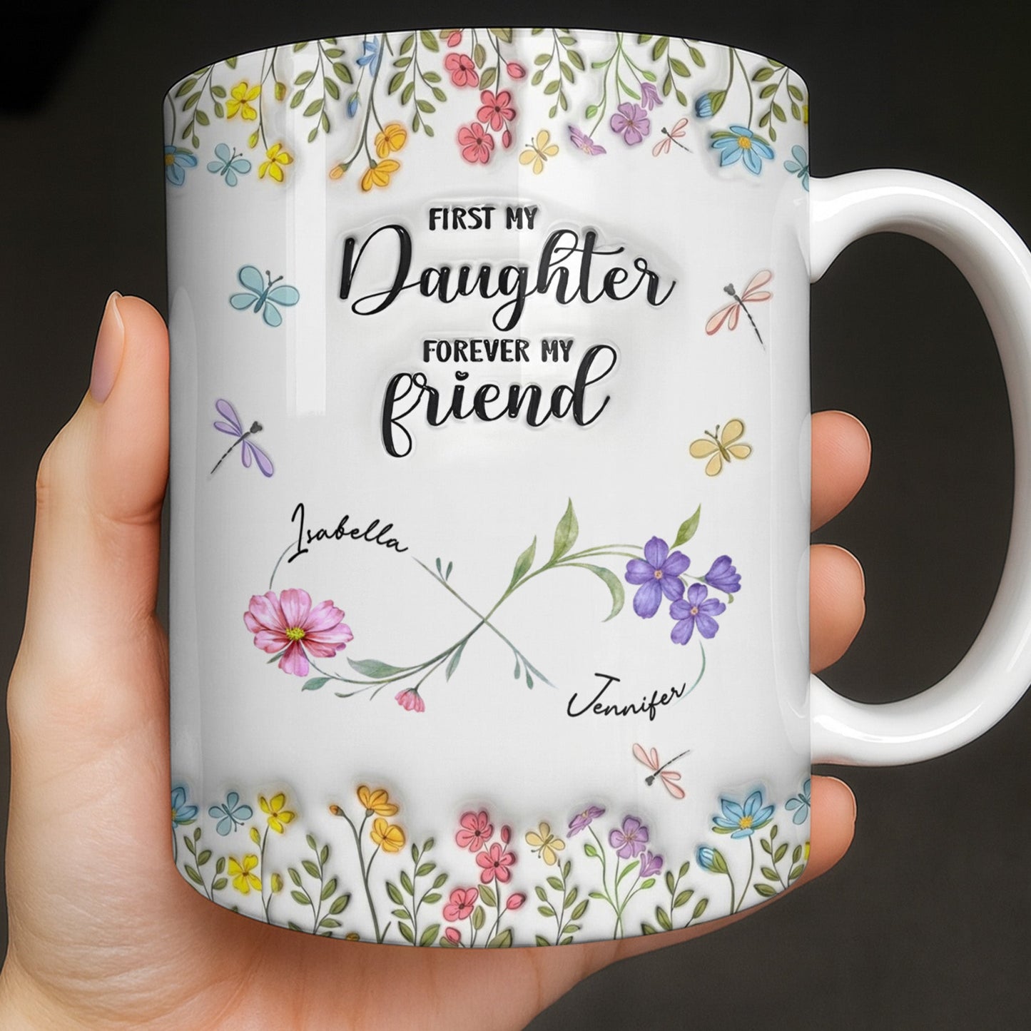 First My Daughter Forever My Friend With Flowers And Butterflies - Personalized Custom Coffee Mug - DAU280_MG