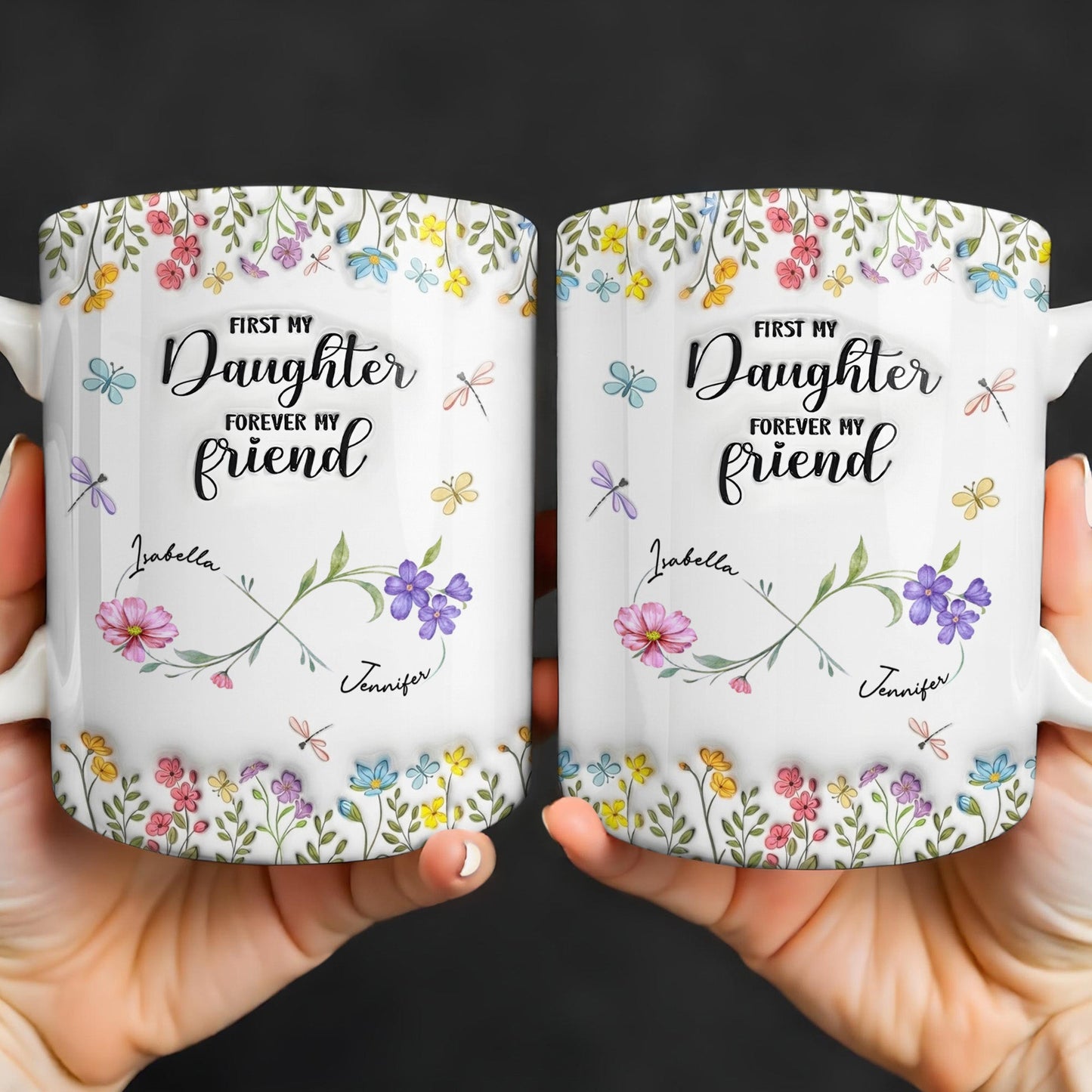 First My Daughter Forever My Friend With Flowers And Butterflies - Personalized Custom Coffee Mug - DAU280_MG