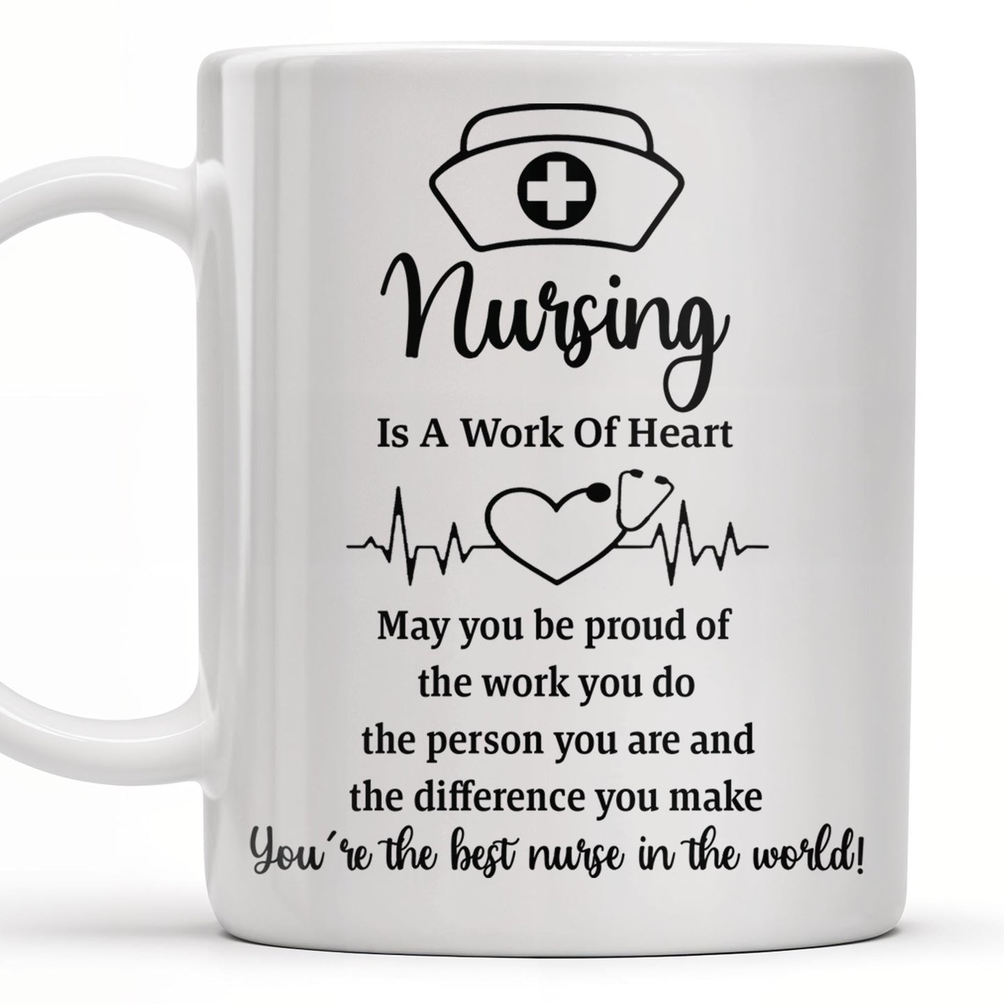 Nursing Is A Work Of Heart, Nurse Cap And Heart Rate Line - Personalized Custom Coffee Mug - DOC033_MG