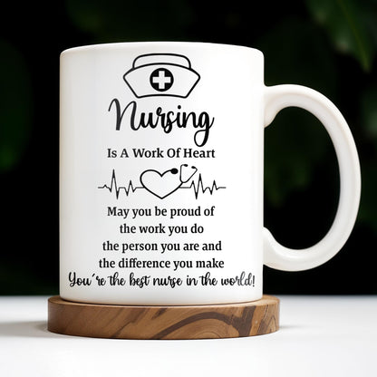 Nursing Is A Work Of Heart, Nurse Cap And Heart Rate Line - Personalized Custom Coffee Mug - DOC033_MG