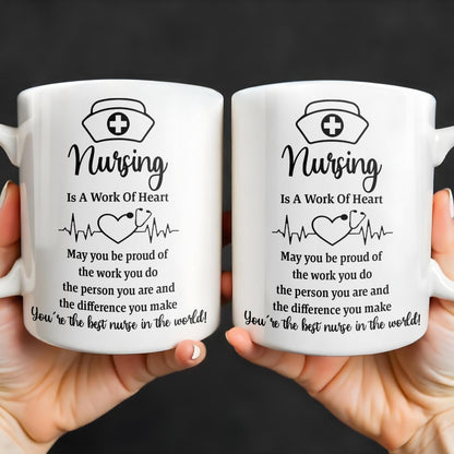 Nursing Is A Work Of Heart, Nurse Cap And Heart Rate Line - Personalized Custom Coffee Mug - DOC033_MG