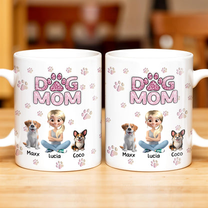 Dog Mom, Paw Prints and Cartoon Dogs - Personalized Custom Coffee Mug - DOG027_MG