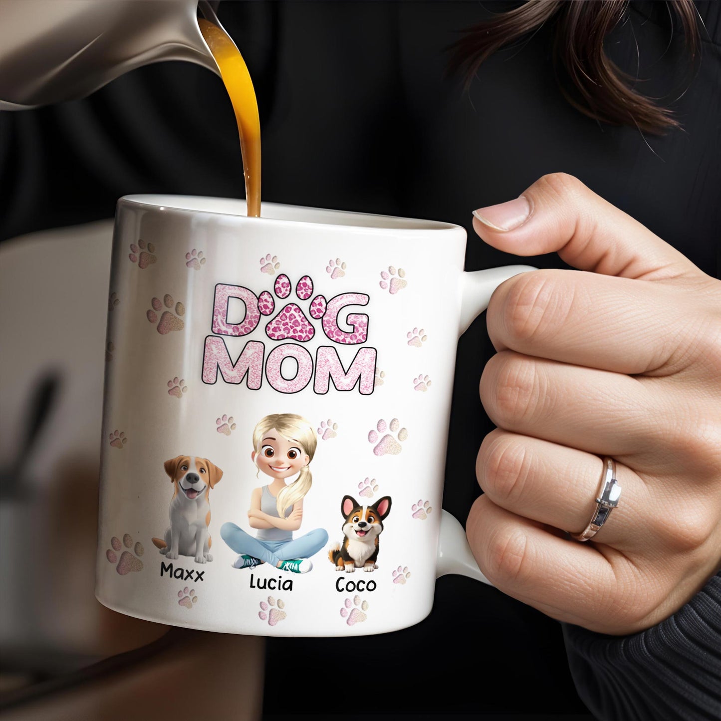 Dog Mom, Paw Prints and Cartoon Dogs - Personalized Custom Coffee Mug - DOG027_MG