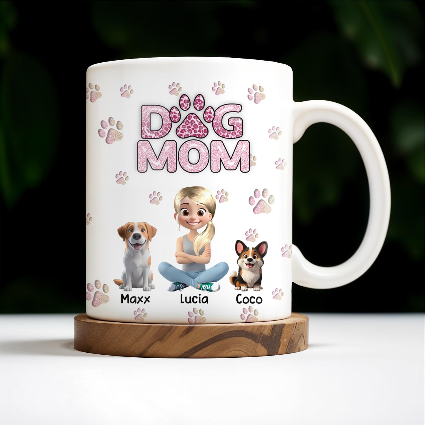 Dog Mom, Paw Prints and Cartoon Dogs - Personalized Custom Coffee Mug - DOG027_MG