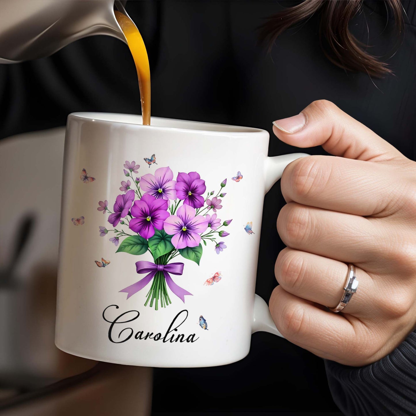 Bouquet Of Purple Flowers With Butterflies - Personalized Custom Coffee Mug - DTG026_MG