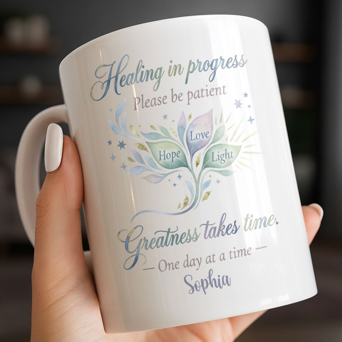 Healing In Progress, Hope Love Light, Stars Leaves Design - Personalized Custom Coffee Mug - DTG069_MG