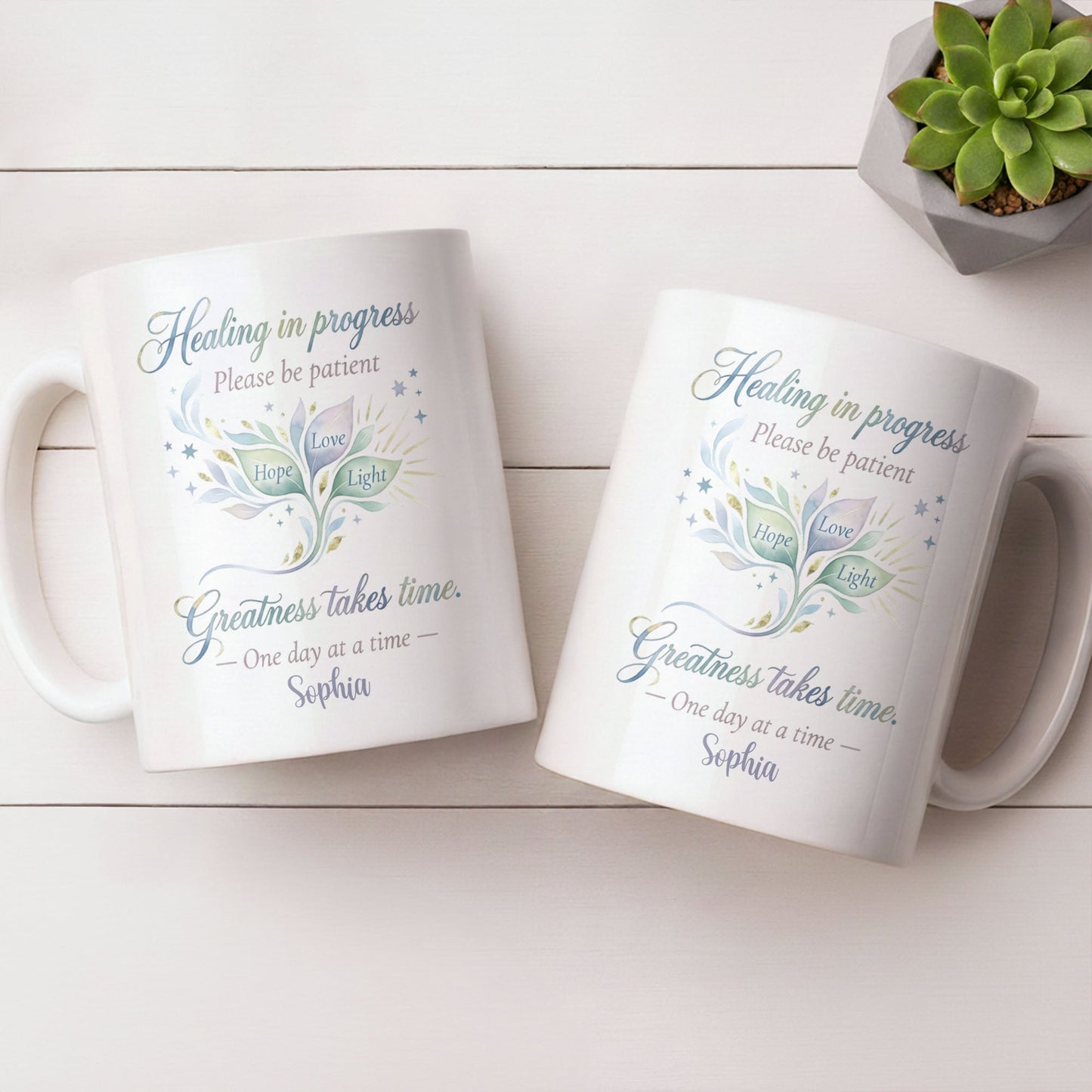 Healing In Progress, Hope Love Light, Stars Leaves Design - Personalized Custom Coffee Mug - DTG069_MG