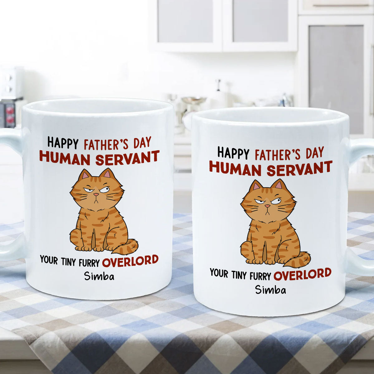 Funny Cute Cats Happy Father's Day Human Servant Personalized Mug, Father's Day Gift For Cat Dad