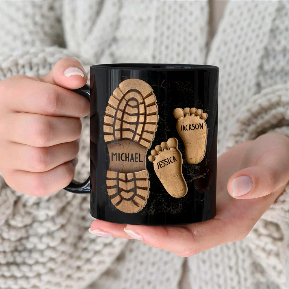 Dad And Kids Footsteps No Matter How Big We Get - Personalized Black Mug