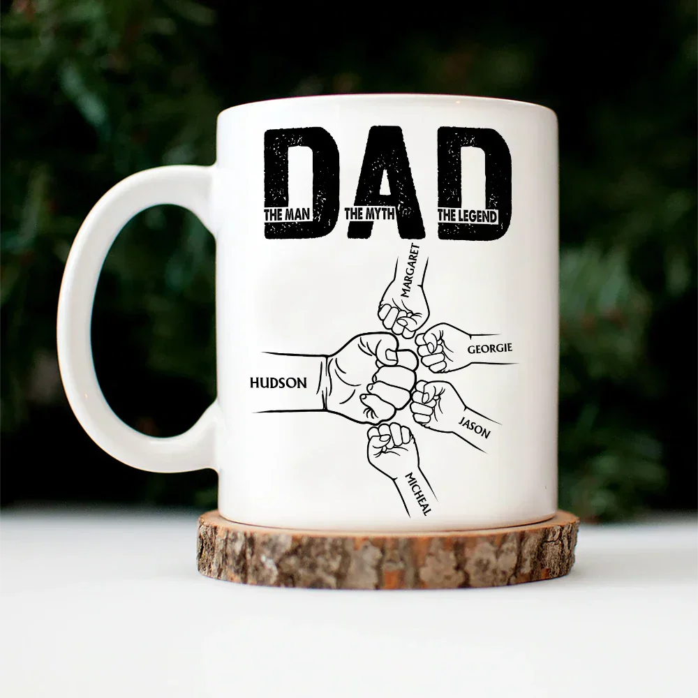 "DAD The Man The Myth The Legend" Fist-Bump Mug Custom Kids' Names, Father's Day Gift