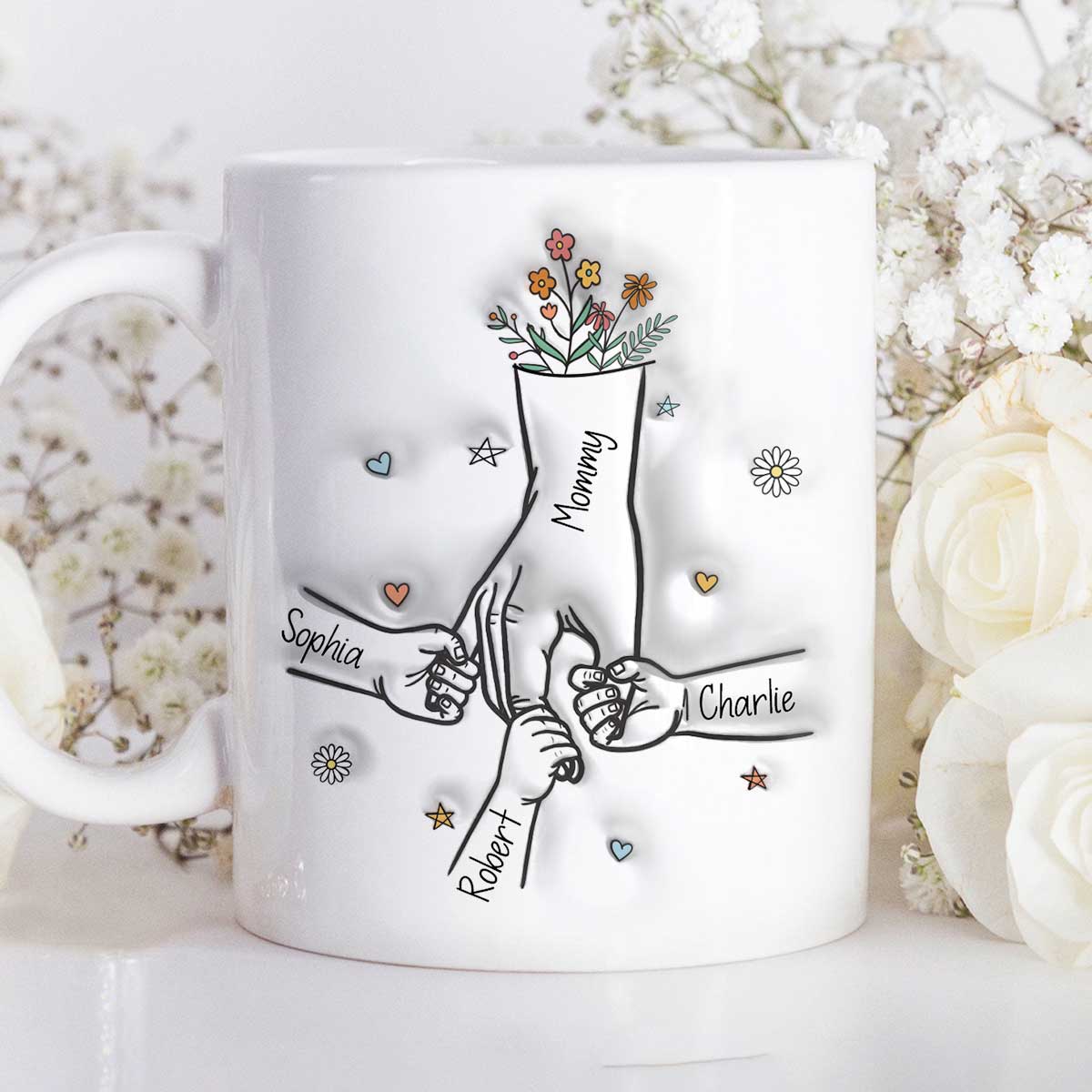 Gift For Mom Kids Holding Mom's Hand 3D Inflated Effect Personalized Mug