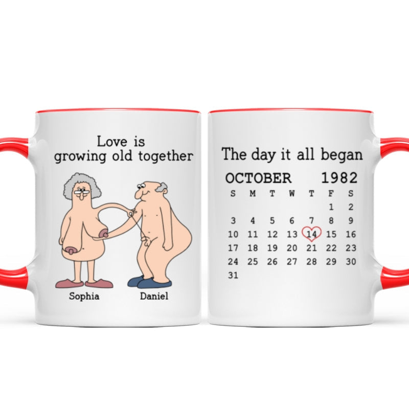 Love Is Growing Old Together Anniversary Calendar Keepsake Personalized Mug