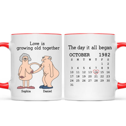 Love Is Growing Old Together Anniversary Calendar Keepsake Personalized Mug