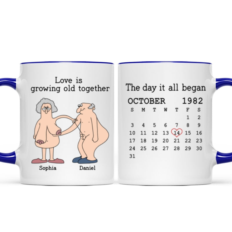 Love Is Growing Old Together Anniversary Calendar Keepsake Personalized Mug