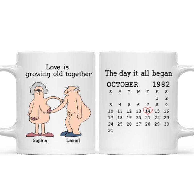 Love Is Growing Old Together Anniversary Calendar Keepsake Personalized Mug